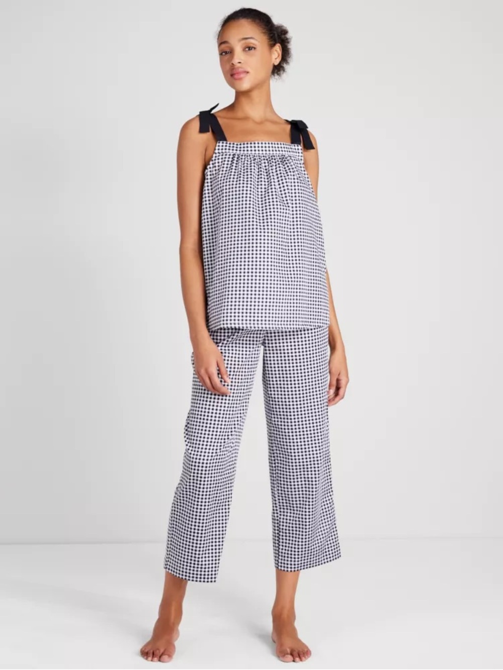 Kate Spade Gingham Cropped Pajama Set Bow Strap Black White Small